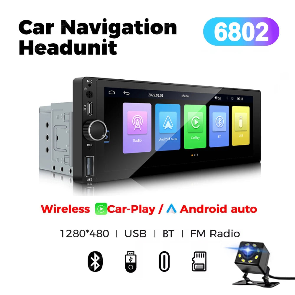 1DIN 6.86 inch Universal MP5 Car Radio Support Wireless Carplay Android AUTO AUX USB BT Touch Screen Multimedia Video Player