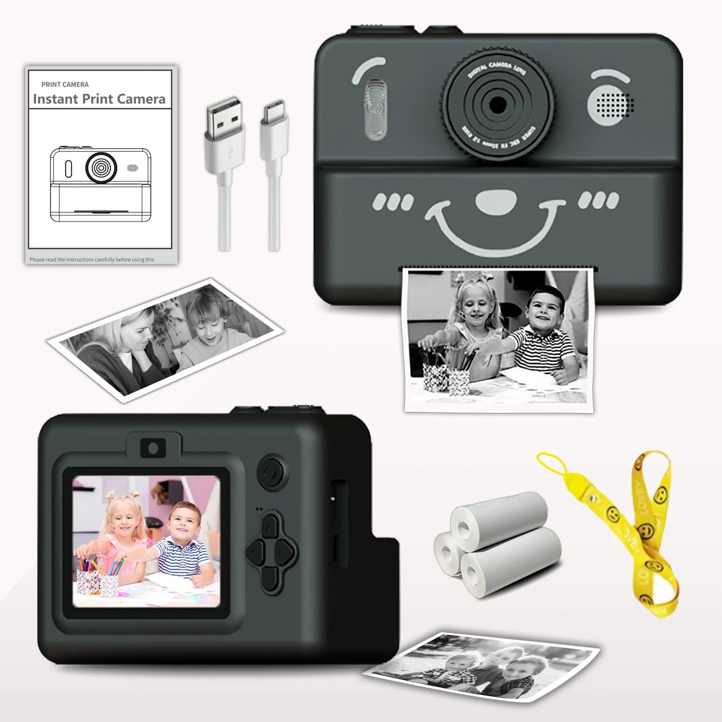 Instant Camera for Kids with 3 Rolls of Thermal Paper, Photo, Video, and Games, 1080p HD Screen, 1500mAh Lithium Battery, Gift for Boys and Girls