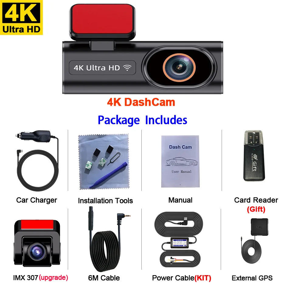 Dashcam Ultra HD 4K — enregistrement en boucle, surveillance stationnement 24H, vision nocturne, caméra arrière, WiFi