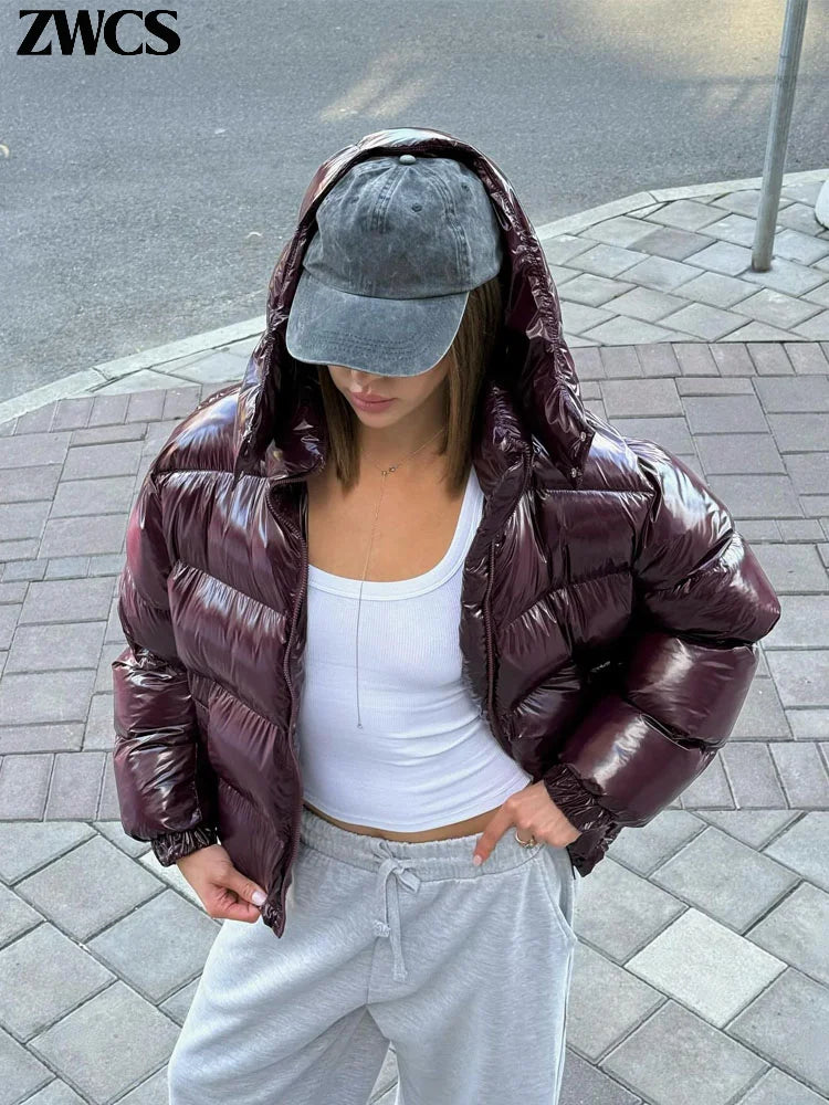 Women's Hooded Coats with Solid Shiny Zipper, Pleated Short Cotton Jacket, Warm Elastic Waist, New 2025 Winter Collection, Street Outerwear