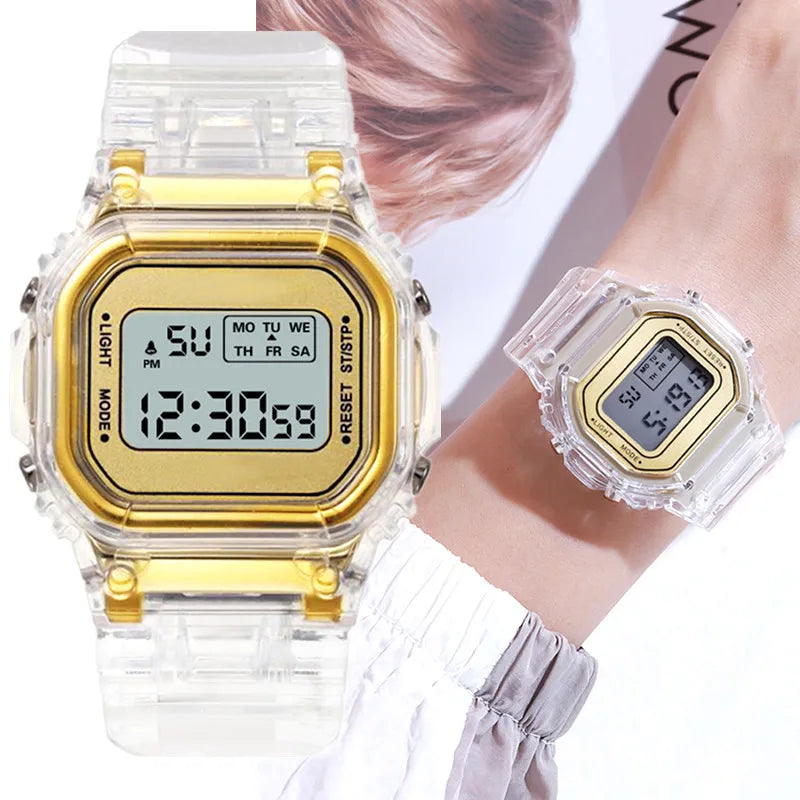 LED Transparent Digital Watch for Kids Men Women Square Small Luminous Dial Sport Electronic Wristwatch Kids Watch