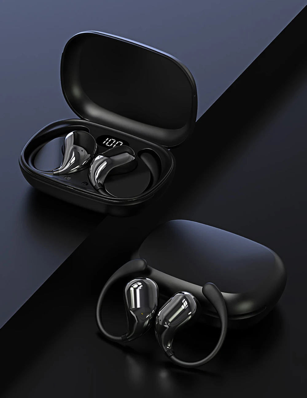 Écouteurs TWS Bluetooth 5.4 Crochet d'Oreille — HiFi Stéréo, Étanche, LED, Longue Veille, Tactile