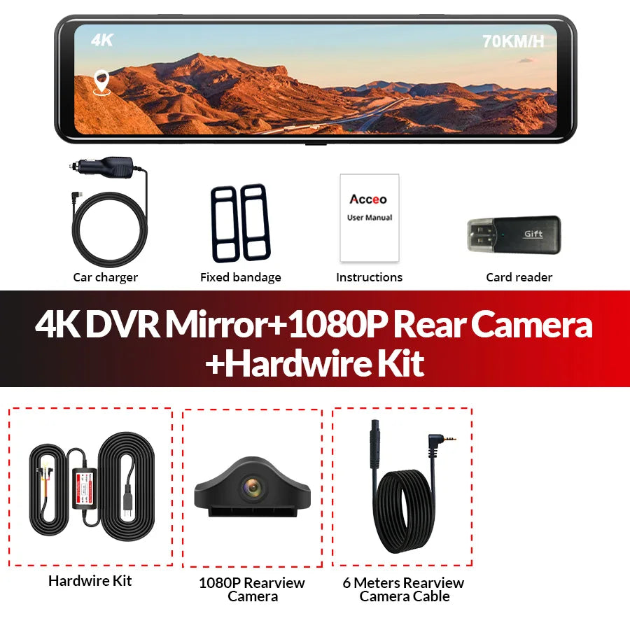E-ACE A45P 4K WIFI GPS Coche DVR 12 Pulgadas Táctil IPS Pantalla Parque Retrovisor Opcional Cámara Trasera Dashcam Grabador de Vídeo