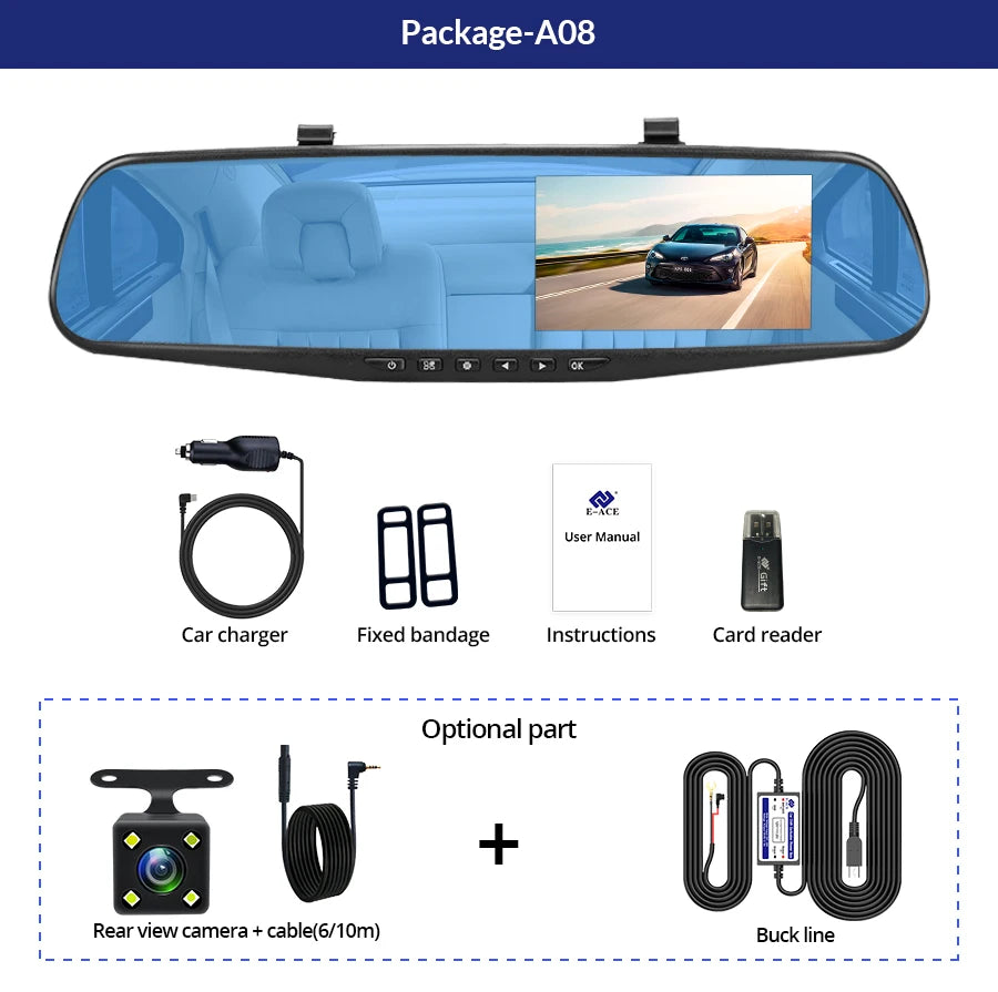 Prada-Dash Cam with Rearview Mirror, Car Video Recorder, Automatic Black Box, Night Vision Camera, Tourist Lens, DVR, 4.3 Inch, 1080P