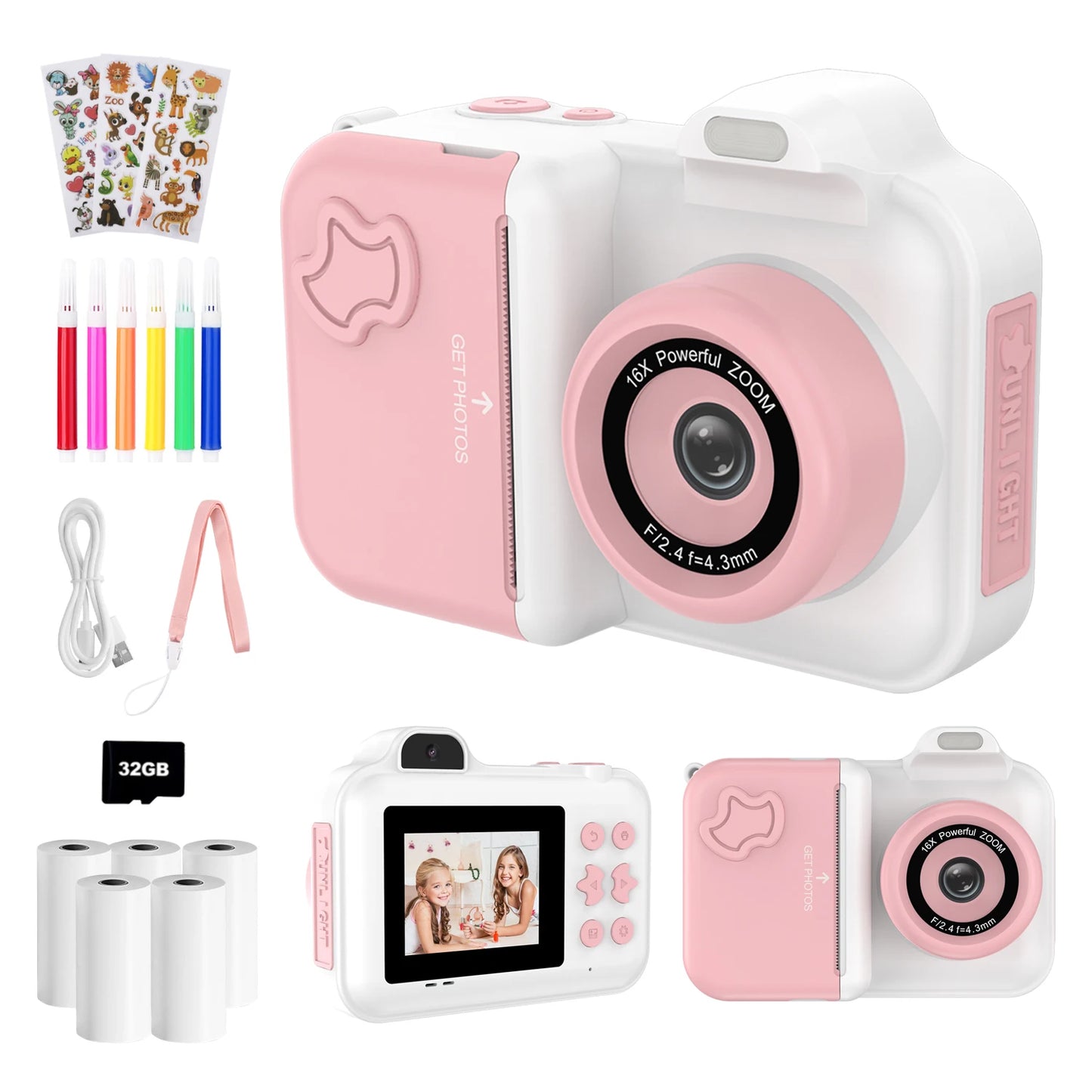 Children's Instant Print Digital Camera, Kids Document Pens, Thermal Printing Paper, Christmas Gift Toys for Boys and Girls, 32G