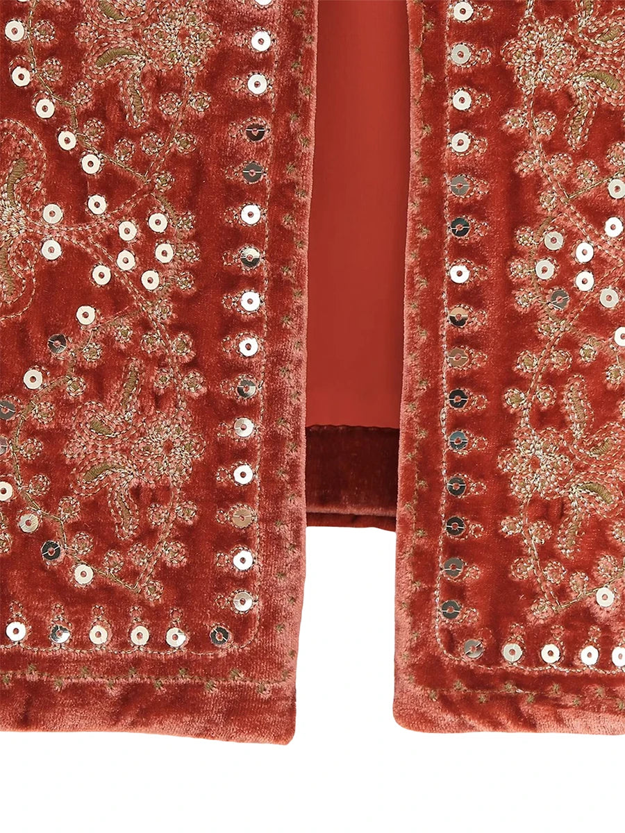 Gilet brodé noir Vintage à motif Floral pour femmes, sans manches, ouvert sur le devant, court polyvalent, vêtements d'extérieur y2k, Cardigan Boho court