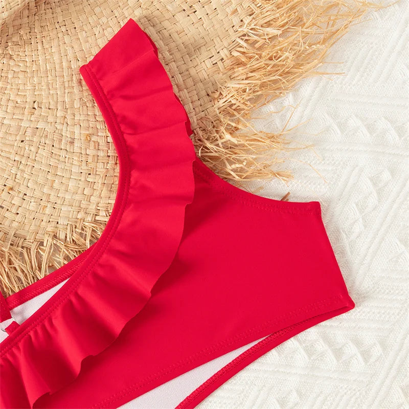 Bikini filles enfants maillots de bain une épaule volants maillots de bain couleur unie dos nu maillot de bain