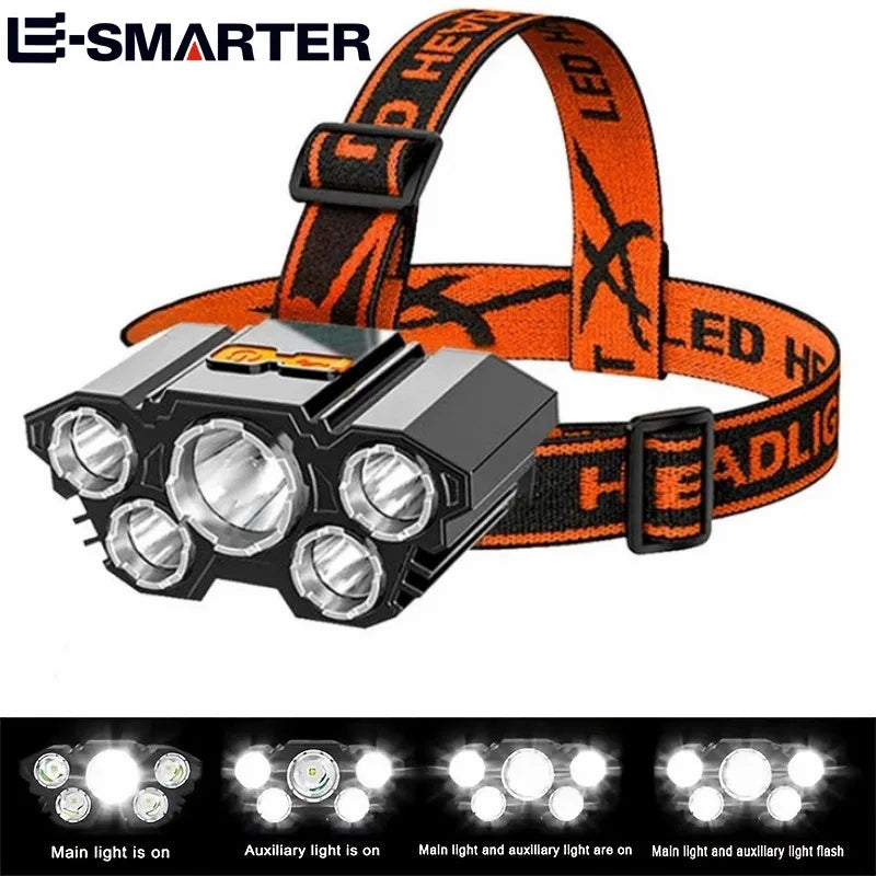 Lampe de poche à 5 LED, Rechargeable, avec batterie au Lithium intégrée, phare puissant, pour Camping, aventure, pêche, cyclisme