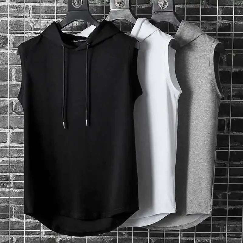 Hombres corbata cuello con capucha sin mangas chalecos masculino verano suelto sólido camiseta Hip Hop tops