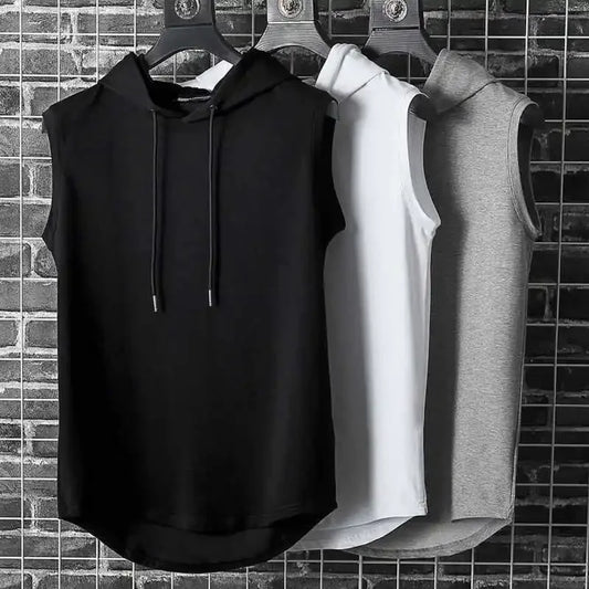 Men Tie Collar Hooded Sleeveless Vests Male Summer Loose Solid Hip Hop T-shirt Tops