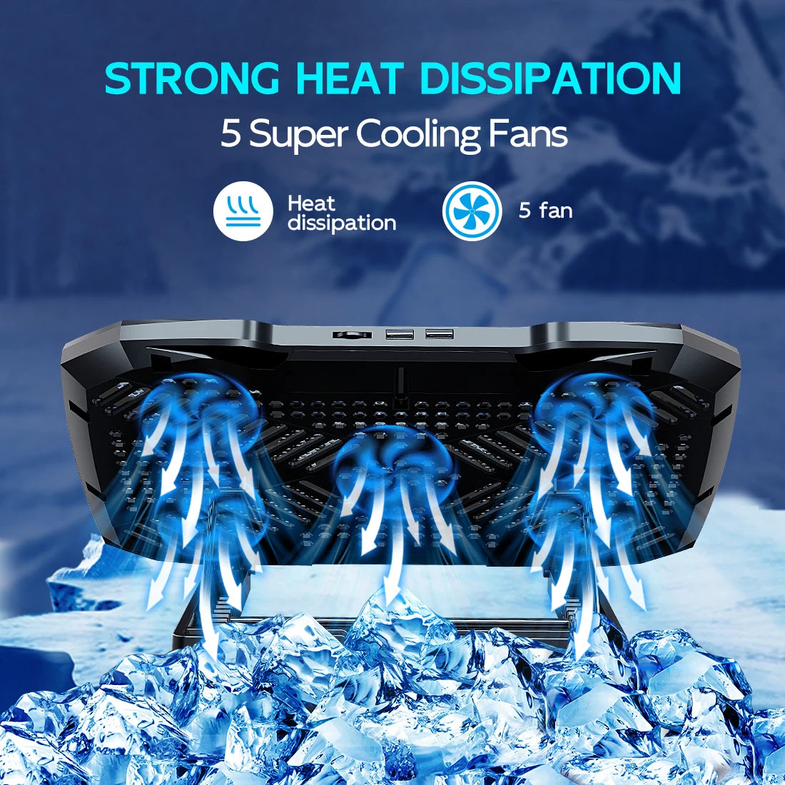 COOLCOLD Support de refroidissement pour ordinateur portable de 12 à 17 pouces, 5 ventilateurs silencieux, 5 angles réglables avec support pour téléphone