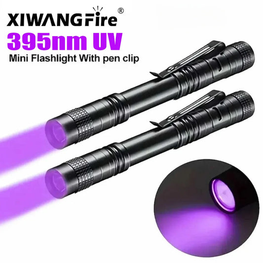 Lampe de poche UV 395nm, torche ultraviolette avec pince à stylo, piles AAA portables utilisées, lumière violette, détecteur d'urine animale et de Scorpion, lampe UV