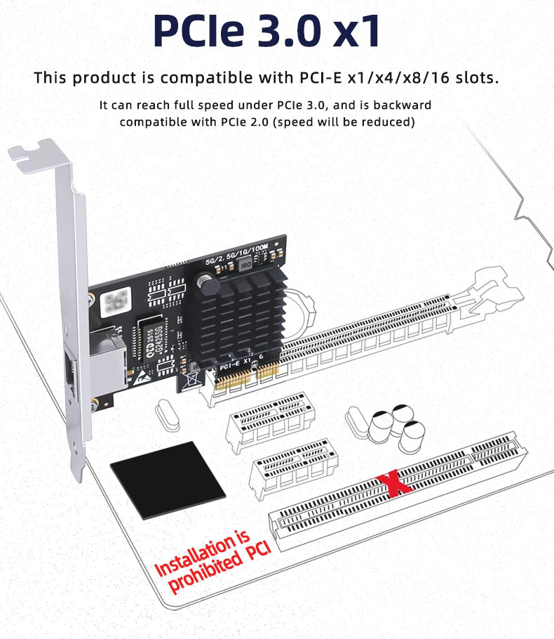 Ordinateur 5G carte réseau filaire Ethernet 5Gbps ordinateur de bureau PCI-E x1 à 5G adaptateur réseau 5000Mbps, adapté pour Windows 10/11