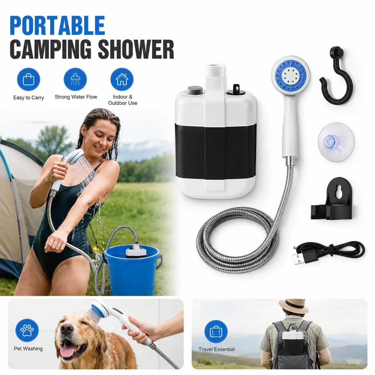 Douche de Camping Portable Rechargeable — Pompe Électrique pour Plage & Voyage