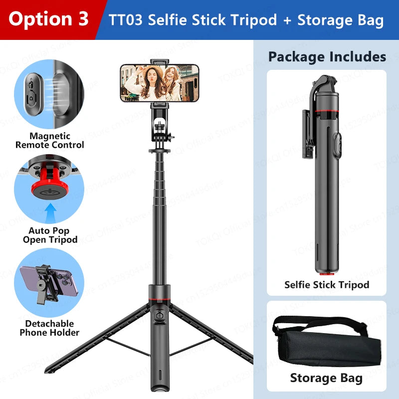 TOKQI TT03 — Perche à Selfie Extensible 1.76m Ouverture Auto Télécommande Magnétique