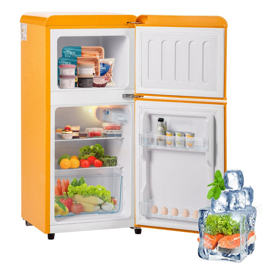 Frigorífico combi retro 45,5 cm de ancho, 2 puertas, 60 litros de volumen total, volumen de congelador 22 litros. 102 KWh/año,
