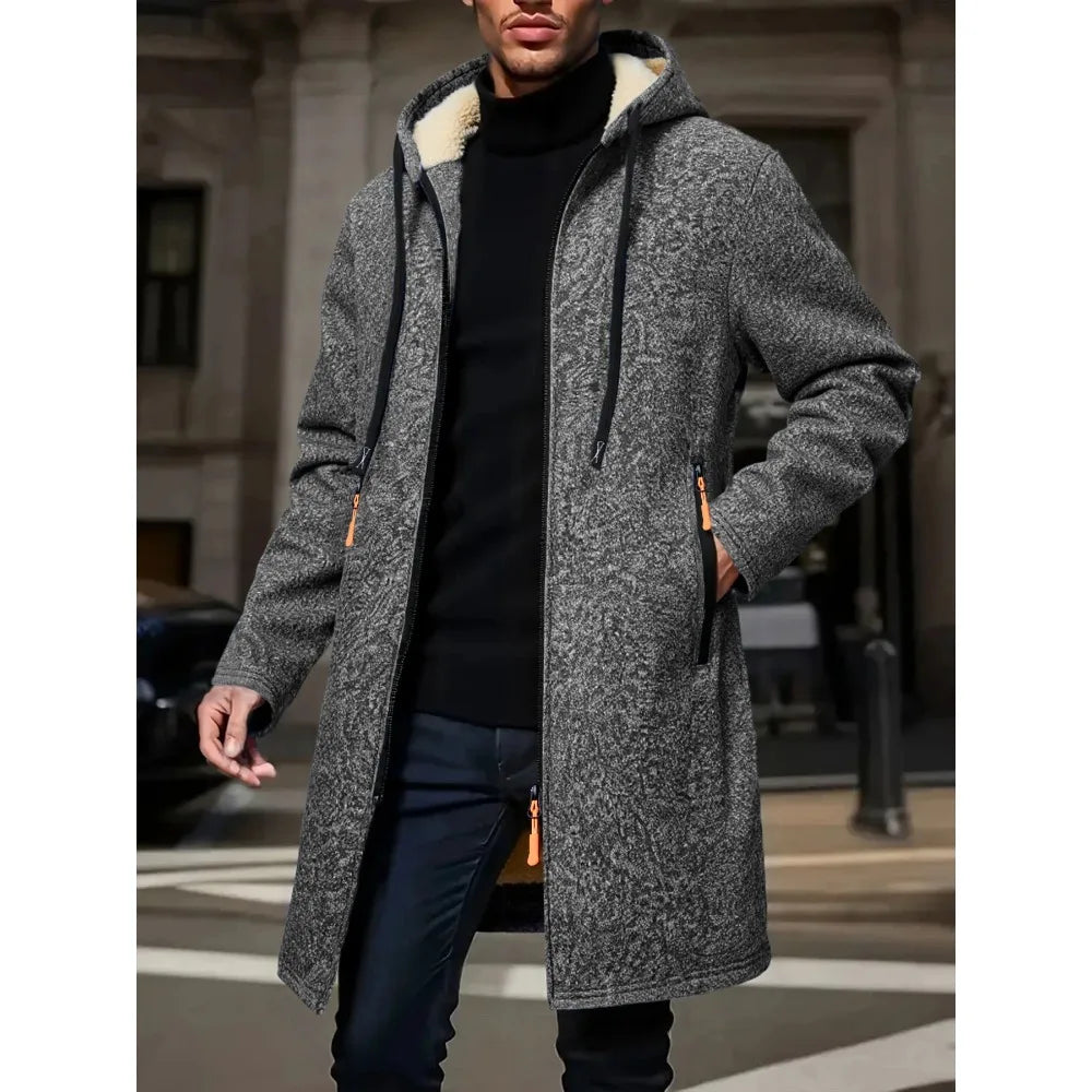Abrigo largo cálido de invierno para hombre, chaqueta con cremallera, cortavientos de lana gruesa, abrigo informal cortavientos, chaqueta con capucha de color de contraste