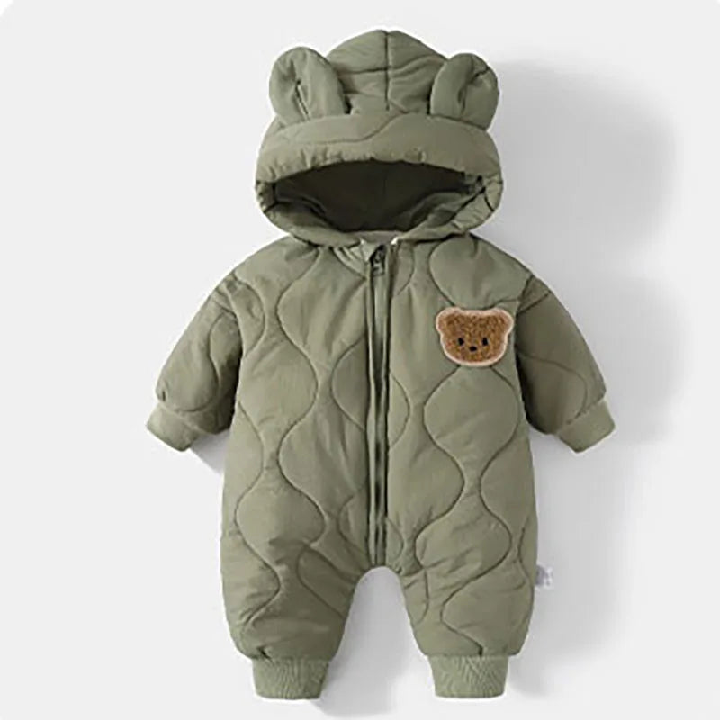Baby Winter Outerwear, Fur Lined, Warm Infant Romper, Girl and Boy Cartoon Bear Jumpsuit