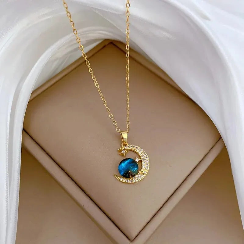 Y2K – collar planeta cielo estrellado, luz lujosa, temperamento magnífico, estrella y luna, cadena de clavícula versátil de acero inoxidable