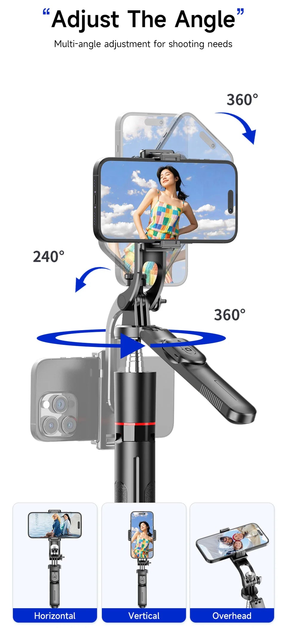 Trépied perche à selfie avec lumière de remplissage — 1708mm, télécommande Bluetooth, rotation 360°, interface 1/4