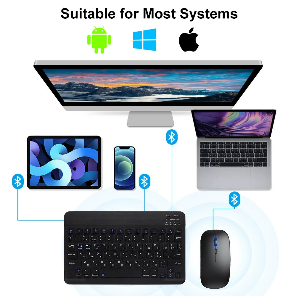 Clavier & Souris Sans Fil Bluetooth — Tablette Multilingue Espagnol Coréen Russe