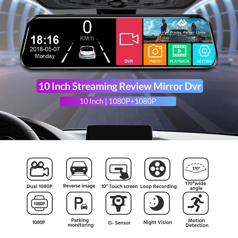 10 "Touchcam táctil 24H Aparcamiento opcional doble lente frontal y trasera para coche DVR espejo grabador de vídeo caja negra sistemas inteligentes