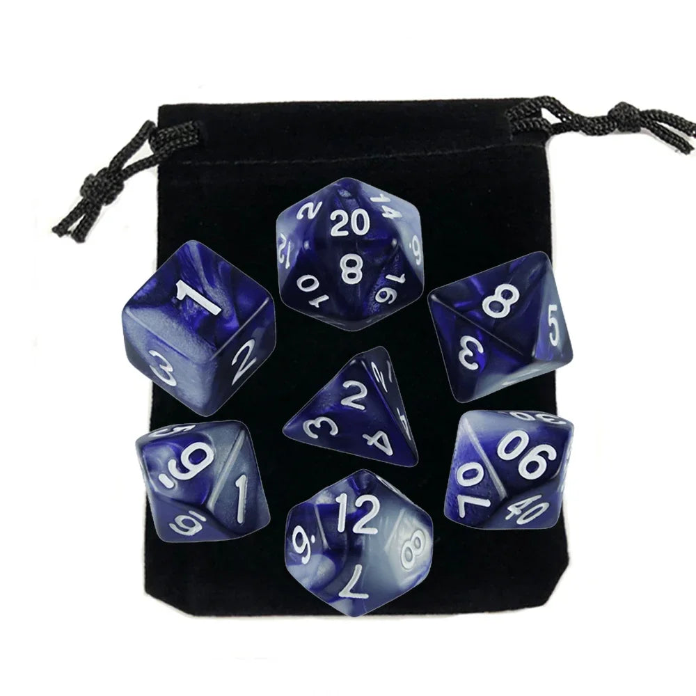 Dés polyédriques avec sac — jeu de société, jeu de rôle, d4, d6, d8, d10, d12, d20, 7 pièces