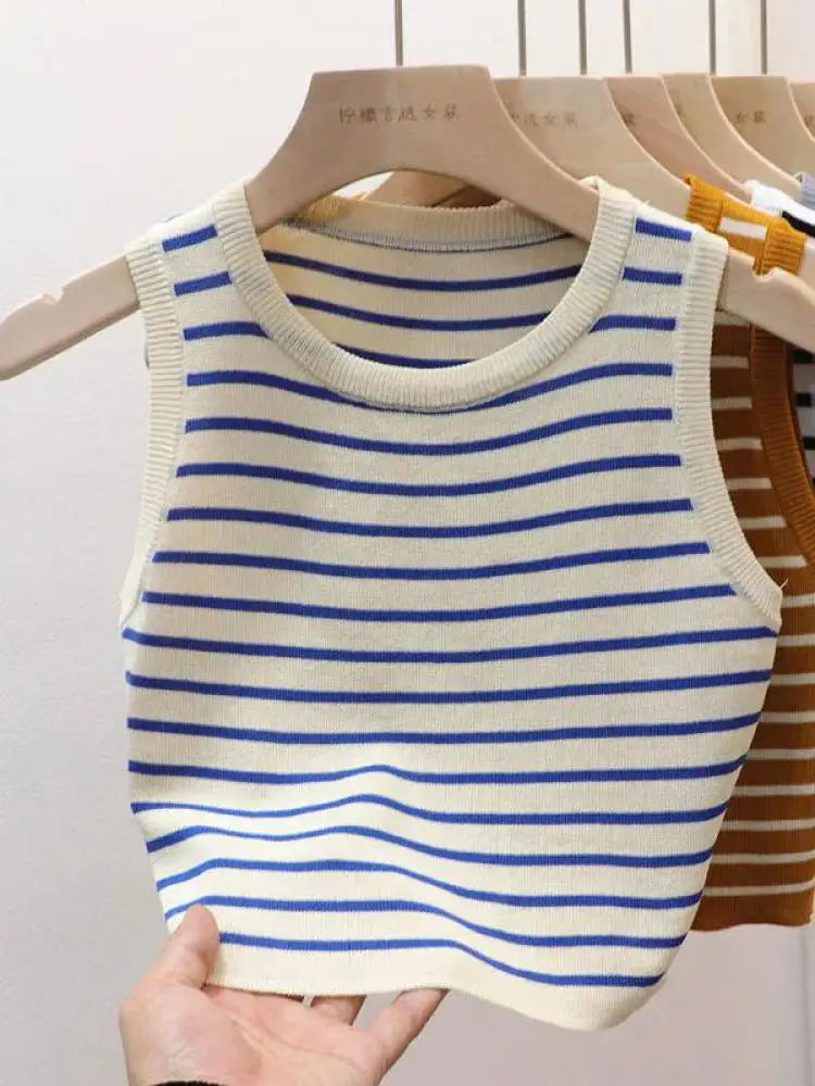 Débardeurs rayés tricotés sans manches pour femme, collection Printemps-Été 2026, style crop top, coupe ajustée élastique, décontracté, pull-over, camisole