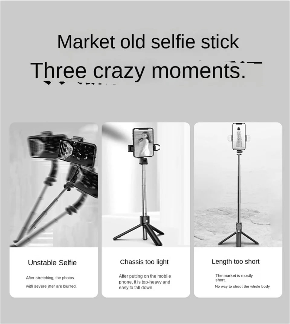 Trépied perche à selfie 1,7M avec télécommande sans fil — 360°, smartphone, vidéo, diffusion en direct