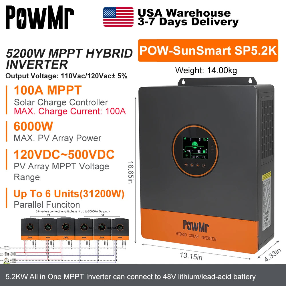 PowMr USA 5.2KW 48V 110Vac Hybrid Solar Inverter can Split Phase Output 220Vac When Parallel Pure Sine Wave MPPT 100A PV 500Vdc
