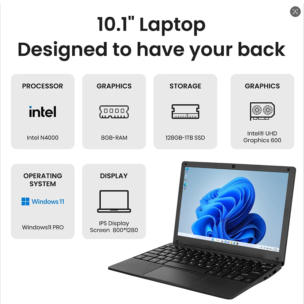 10.1 Inch Laptop Windows 11 OS Pre-Installed Quad Core 8GB + 128GB Netbook HDMI Webcam Office (Black)
