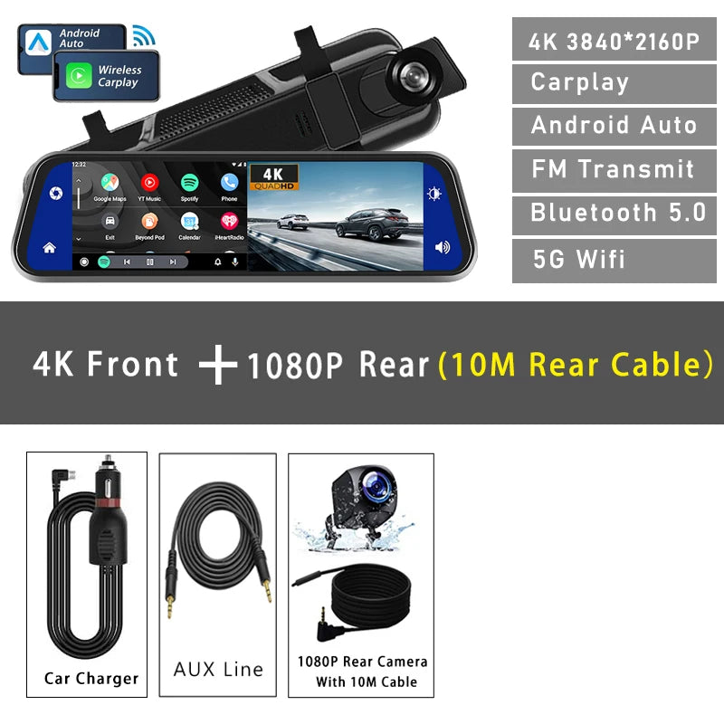 Dashcam 10" 4K GPS 5G WiFi — Rétroviseur Flux AUX Enregistreur FM