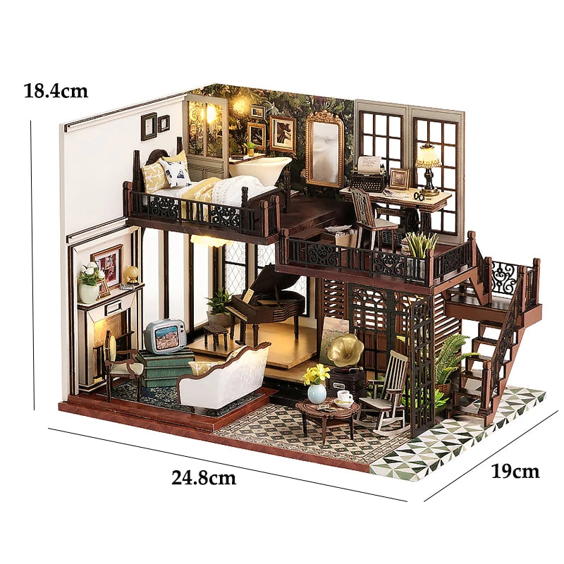 Wooden Dollhouse, Garden Model, 3D Puzzle, Assemble Building Kits, Toys, Bedroom Decor with LED Lights, Dollhouse Gift, DIY