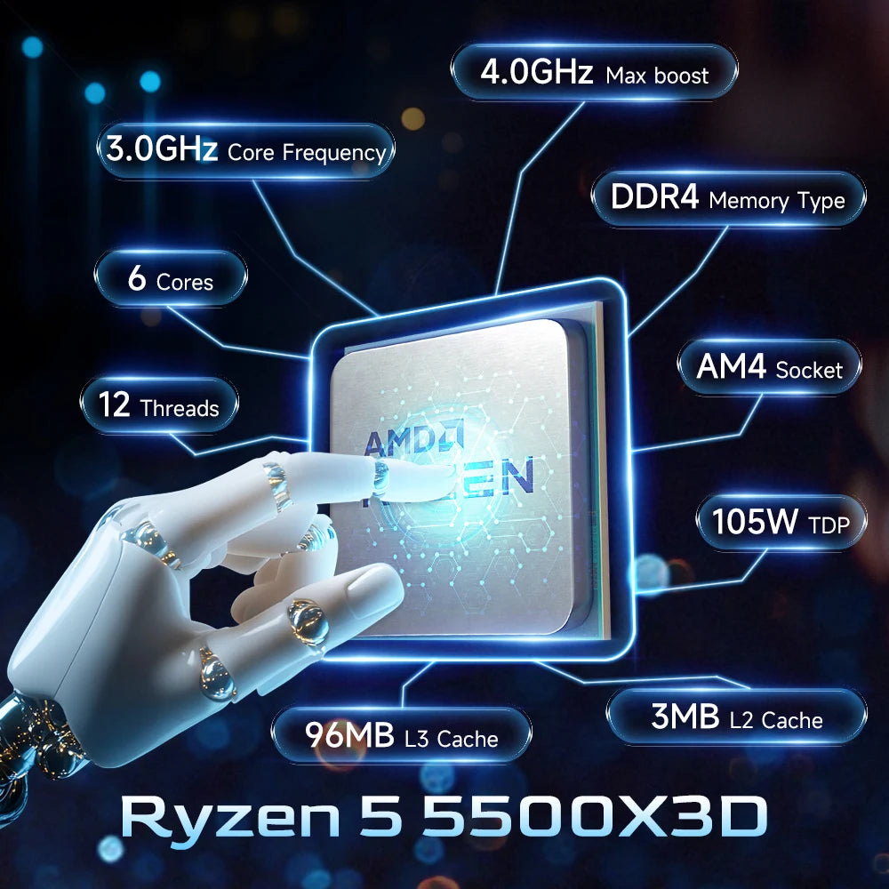 Processeur AMD Ryzen 5 5500X3D — 6 cœurs 12 threads, 3 GHz, AM4, L3 96 Mo, 7nm