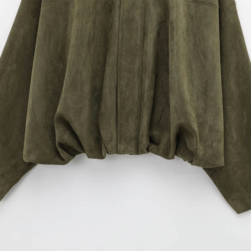 Veste bomber femme en daim — revers, fermeture éclair, manches longues, recadrée, 2025