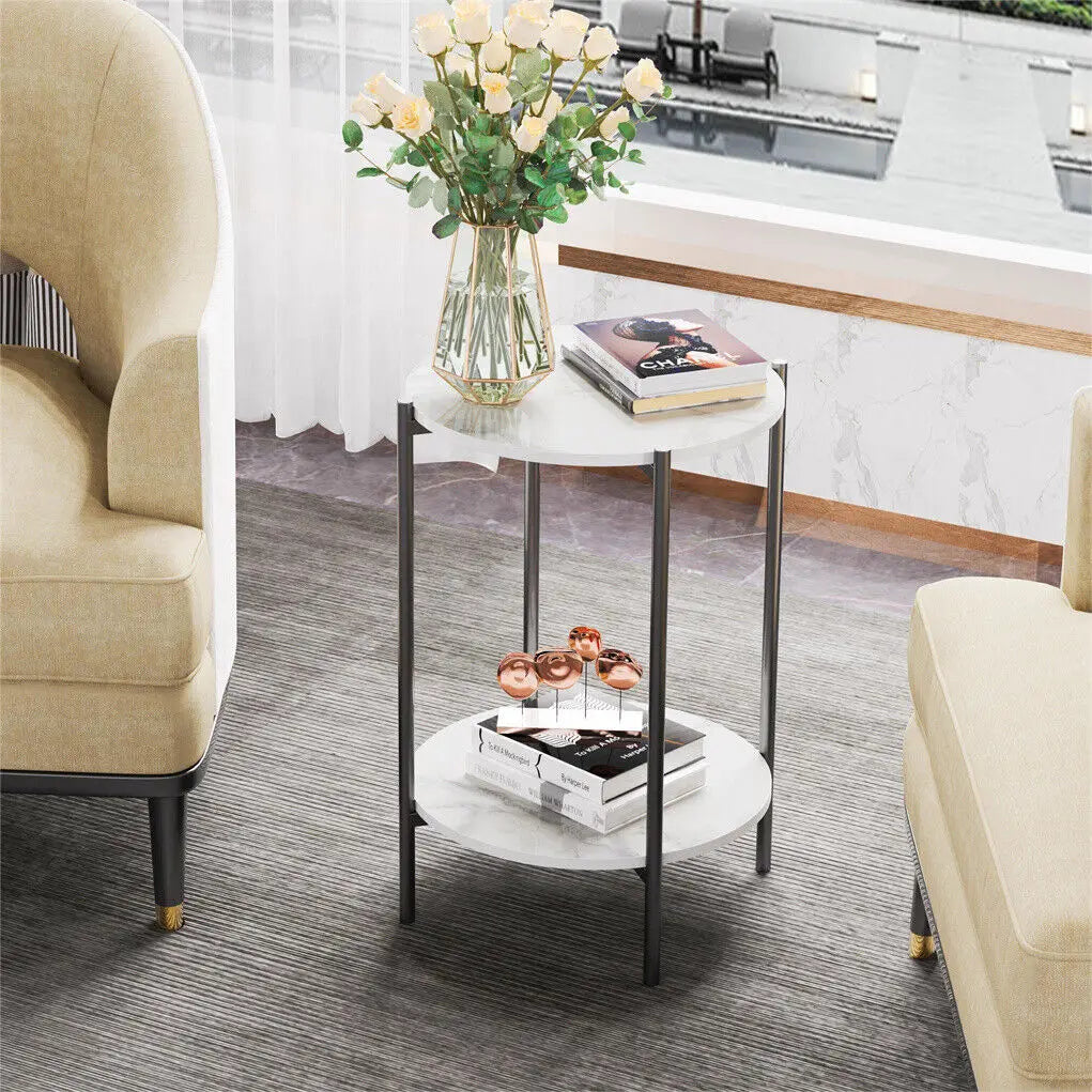 LUVODI 2-Tier Round Sofa Side Tables, Plant Stand with Storage Shelf, Metal Frame for Living Room Bedroom