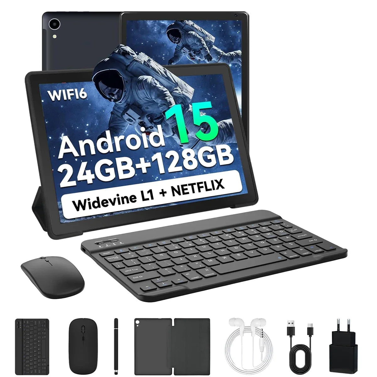 URAO 10-inch Android 15 Tablet, 8-core, 24GB + 128GB, 1TB expansion, WiFi 6, 5MP+8MP, stylus, keyboard, mouse, headphones, PC PAD set