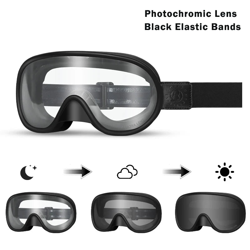 BOLLFO Vintage Photochromic Motorcycle Goggles Motocross Riding Gear UV400 Anti-Fog Ski Snowmobile Snowboard Goggles
