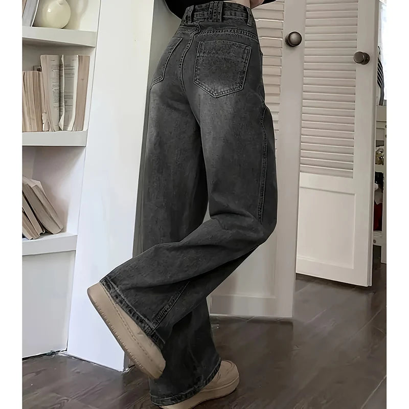 Pantalones vaqueros de mujer de talle alto, estilo urbano, de diseñador, de pierna ancha, gris clásico, gótico, de corte recto, moda