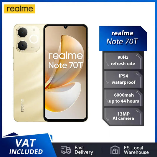 Realme Note 70T AI Smartphone Version mondiale 6.75 pouces 90Hz écran 6000mAh batterie 13MP Al caméra octa-core Chipset IP54