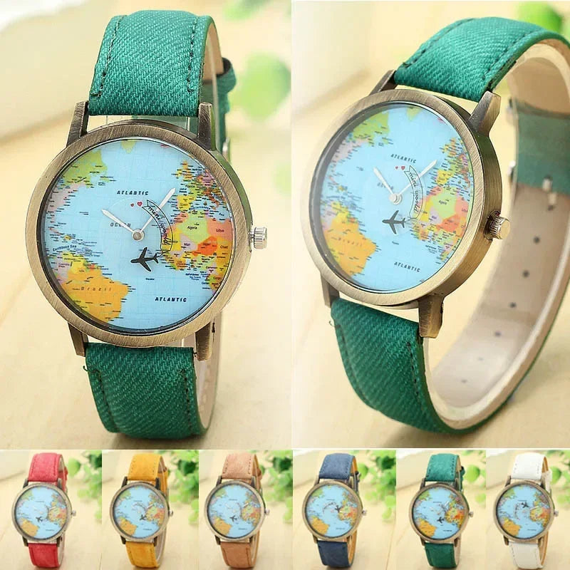 2022 moda mundial mapa del mundo avión mezclilla tela banda casual hombres mujeres relojes de cuarzo reloj regalo Horloges Relógio