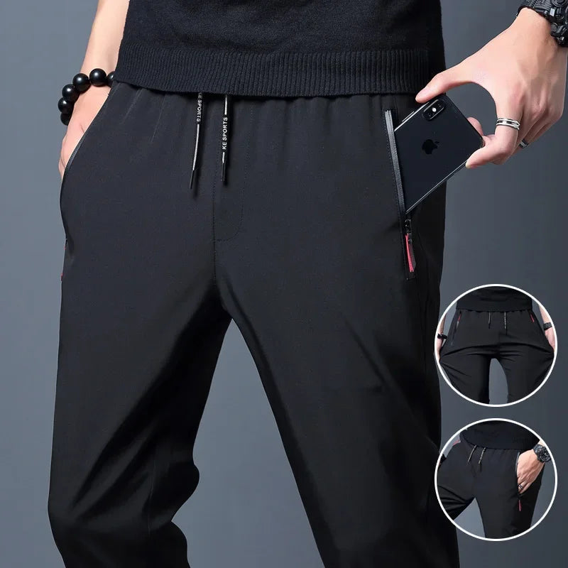 Pantalon décontracté homme stretch — coupe ajustée, taille élastique, style coréen, bleu, noir, gris, grande taille