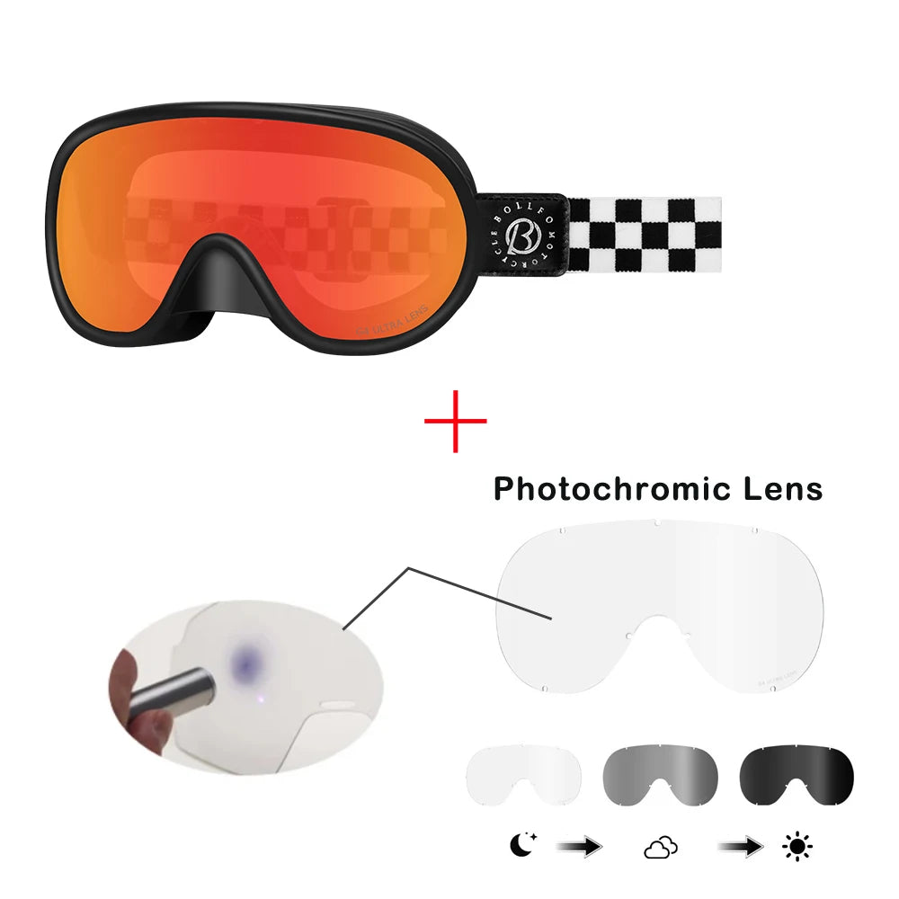 BOLLFO Vintage Photochromic Motorcycle Goggles Motocross Riding Gear UV400 Anti-Fog Ski Snowmobile Snowboard Goggles