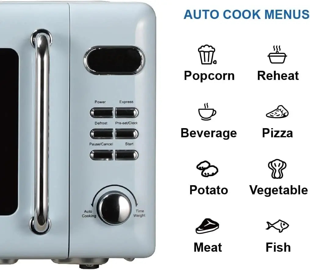 Microondas compacto retro MWR7020BL con control por pomo, pantalla LED, 700 W, 5 niveles de potencia, 8 menús automáticos, plato de cristal