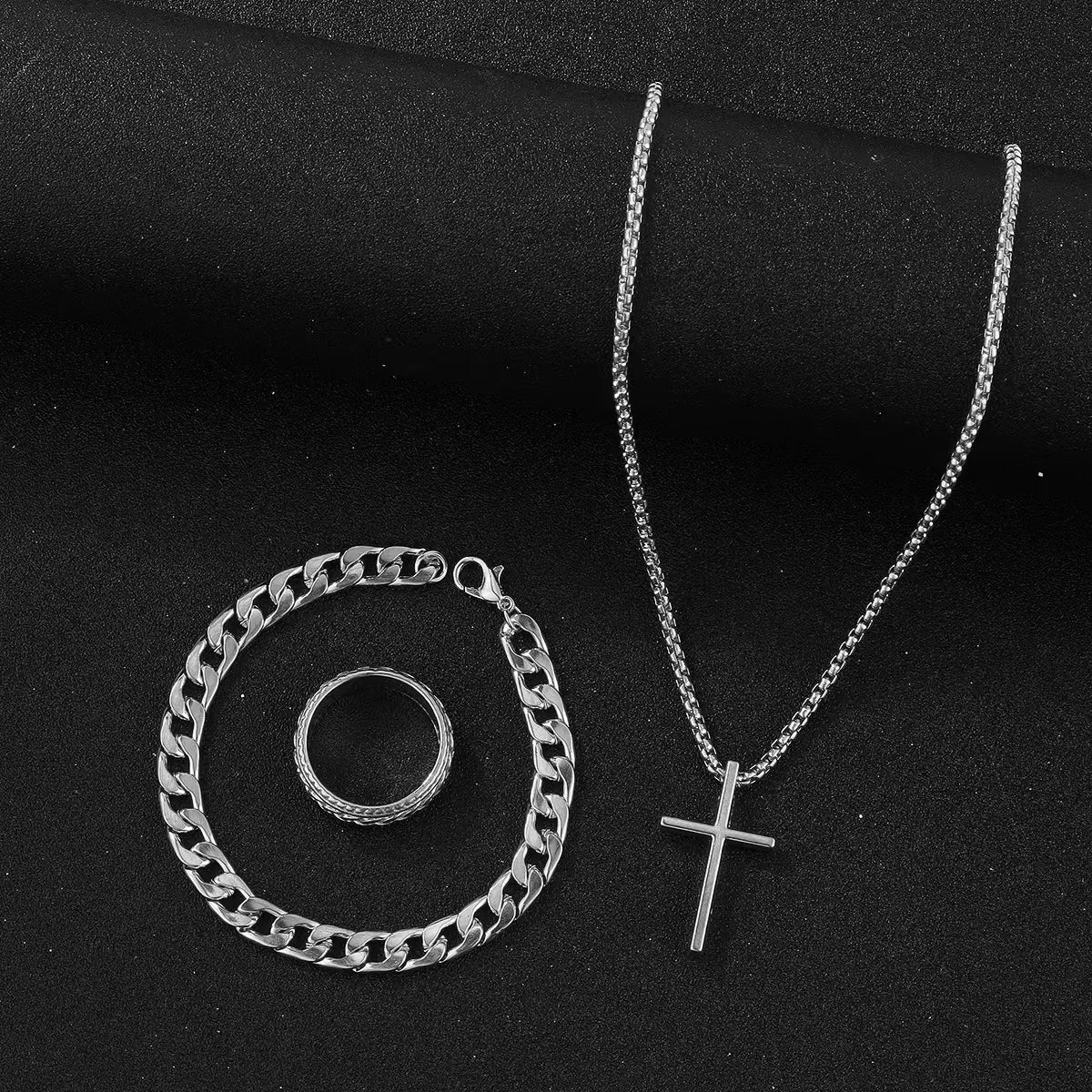 Superventas Nuevo set de joyas cruzadas de 3 piezas | Collar, pulsera, anillo de cadena | Accesorios de moda religiosa para mujeres y hombres, uso diario y regalo