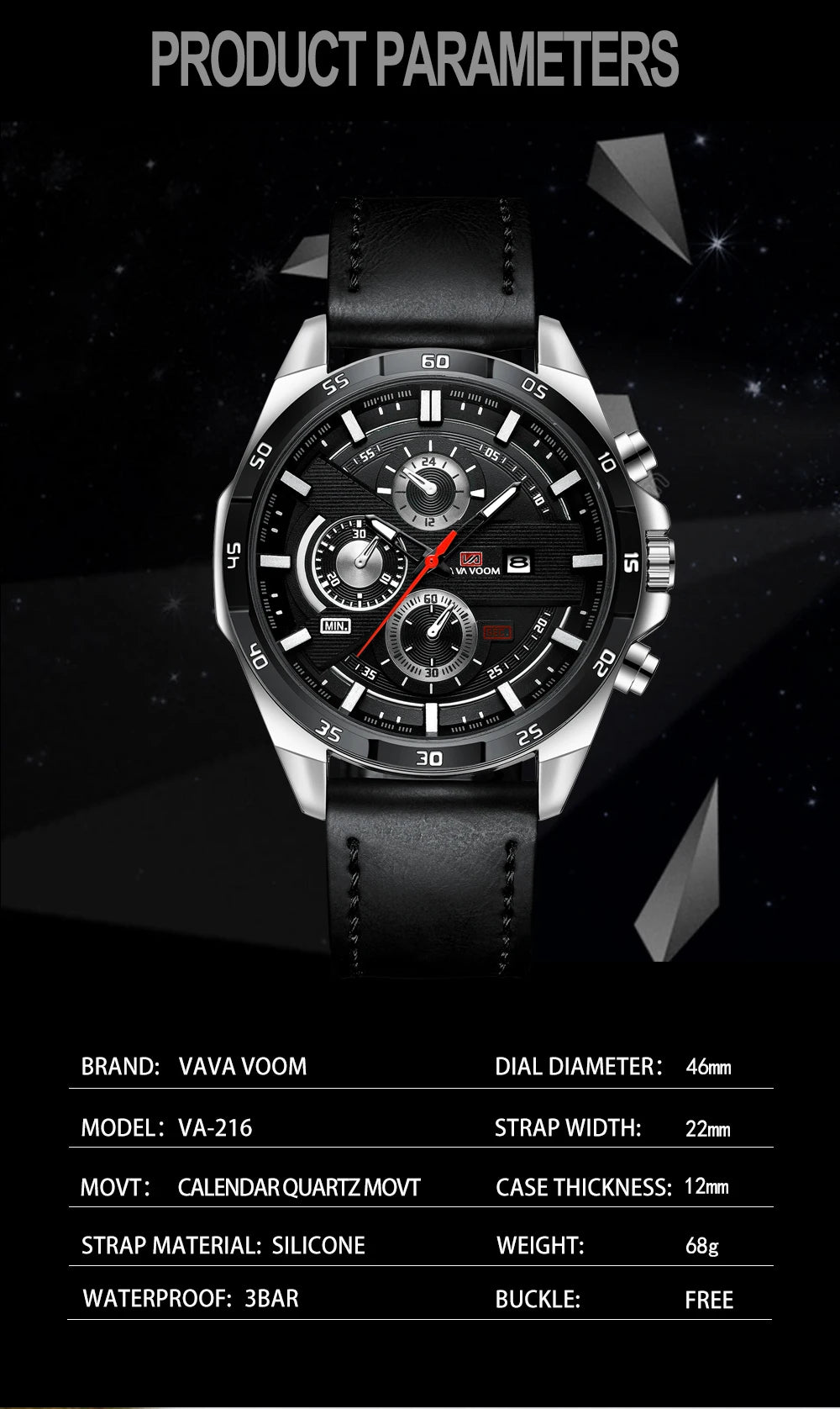 Montres de sport pour hommes, série de course de mode, 46mm, horloge en cuir noir VA VA VOOM, mouvement à Quartz 3Bar, montre-bracelet étanche pour hommes