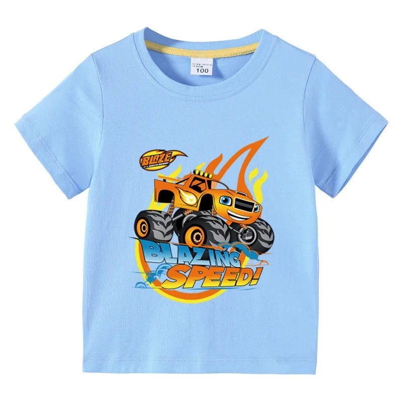 T-shirt à manches courtes en coton pour enfants — impression dessin animé camion monstre