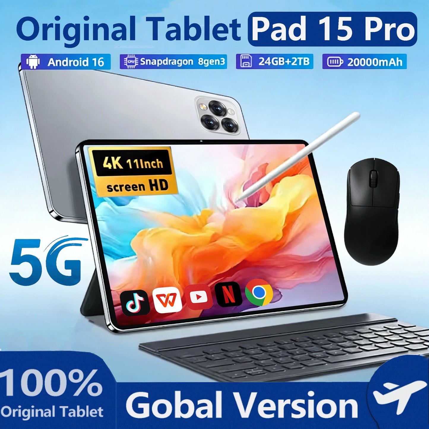 Tablette PC Android 16 2026 — 24 Go RAM, 2 To ROM, 20000 mAh, 5G, double SIM, WiFi, GPS, HD 4K, mini PC
