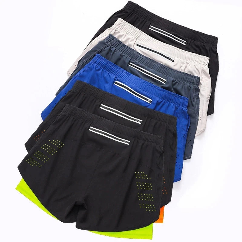 Men's Running Shorts, Quick Dry, Fitness, Black, Double Layer, New Sport, Training, Bodybuilding, Short Pants