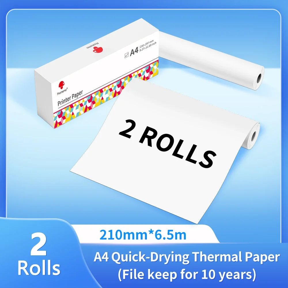 Papier thermique A4 pour imprimante portable — séchage rapide, continu, 2 rouleaux
